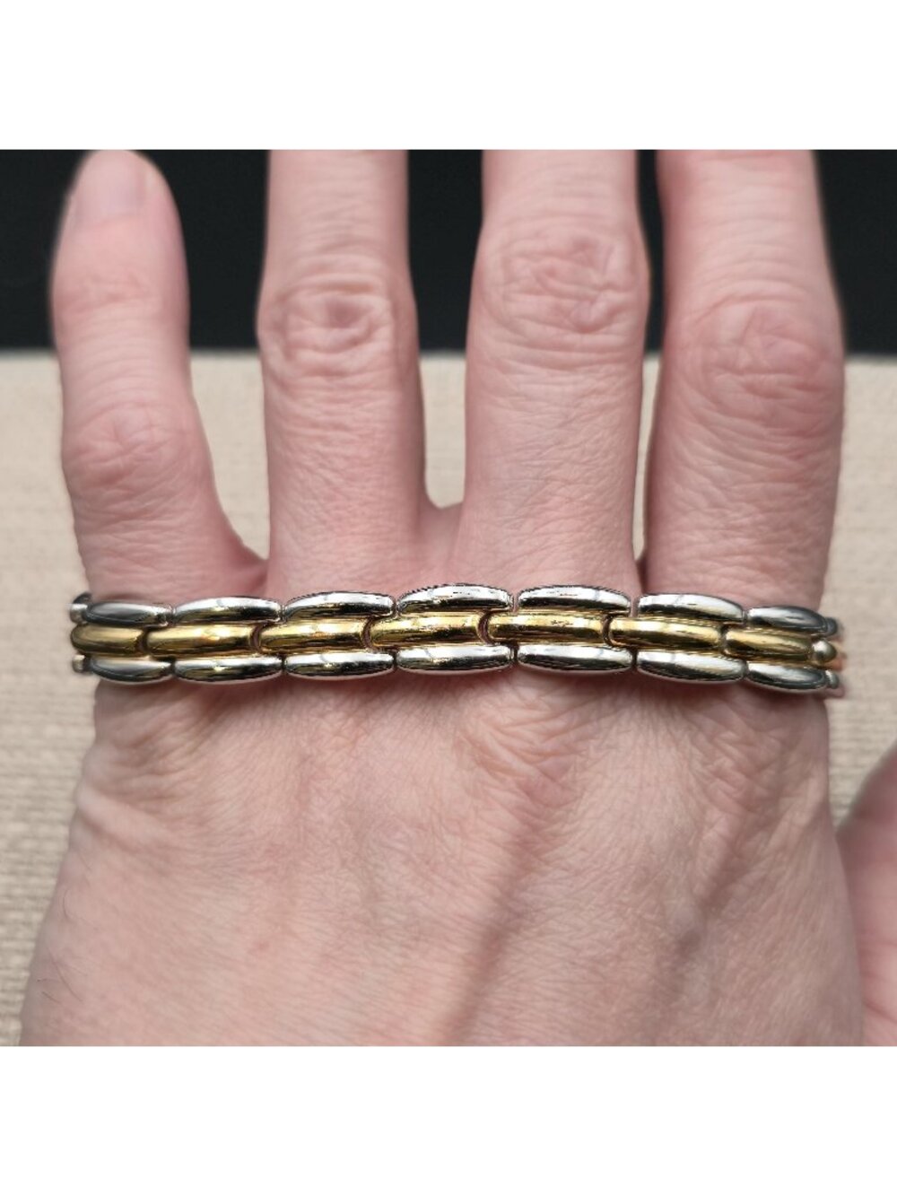 7 Inch Two-Tone Silver and Gold Domed Watch-Style Link Bracelet A8653